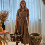 VESTIDO BOMBAZINE LONDON CAMEL