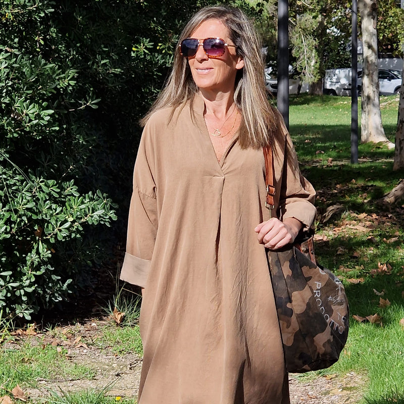 BOMBAZINE LONDON CAMEL DRESS